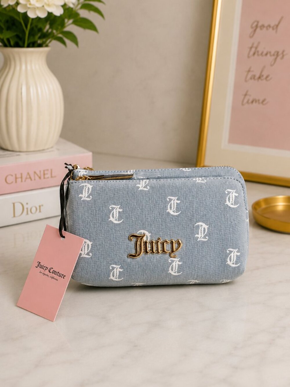 Juicy Couture Denim Days Double Zip Wallet Strawberry Charm NWT